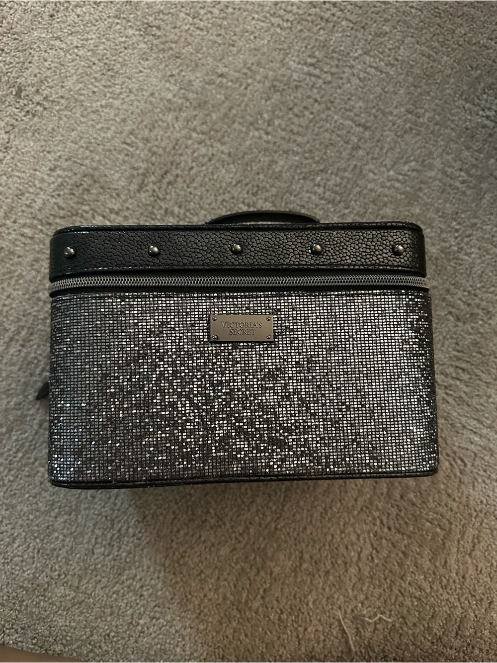 Victoria's Secret Silver Glitter Toiletry Train Case with Black Trim